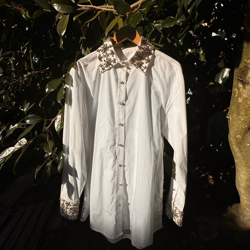 Absolutely stunning heavily rhinestone, oversized women’s button-up.